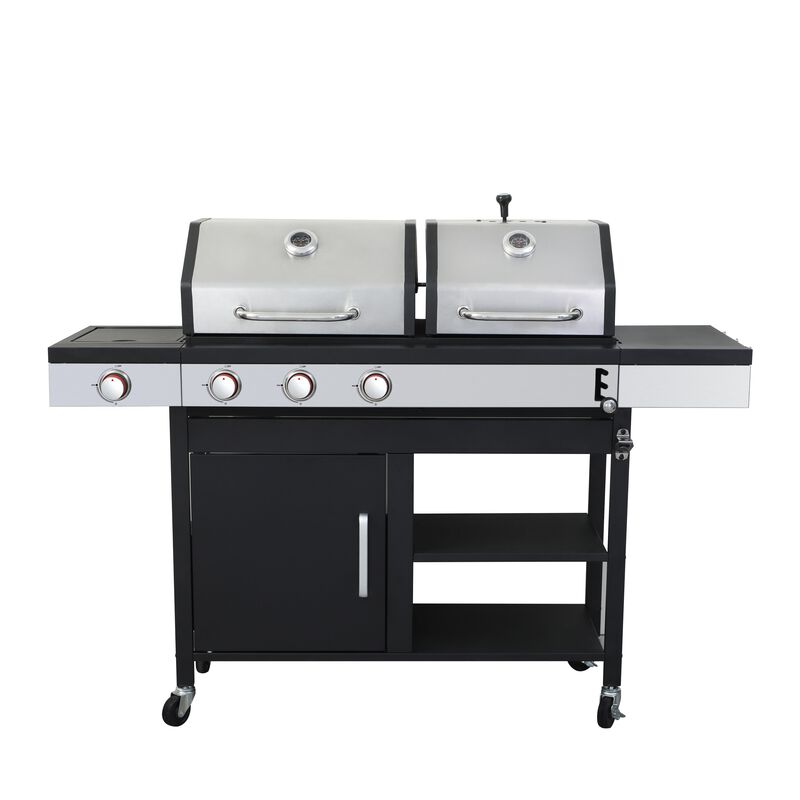 MONDAWE 3-Burner Propane Gas BBQ Grill with Side Burner, combined with charcoal grill, 37230BTU Output With Enameled Cast Iron Cooking Grids For Outdoor Barbecue, Stainless Steel