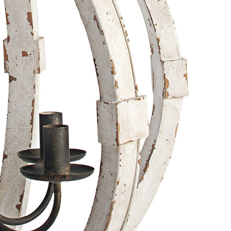 22 Inch 6 Light Wood Chandelier, Candelabra Style,Classic, White Finish-Benzara