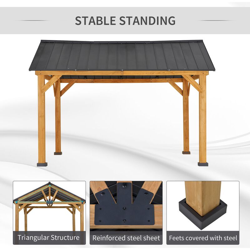 Natural/Black Garden Pavilion: 11'x13' Hardtop Gazebo with Wooden Frame