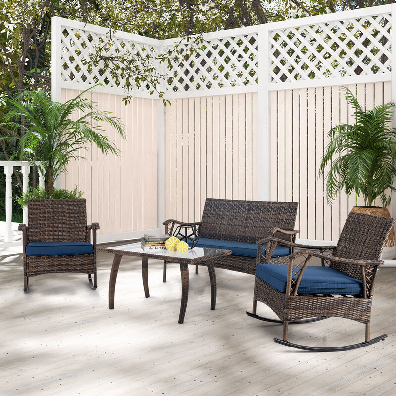 4-Piece Wicker Rocking Set with Bungee Rope Seat – Comfortable Outdoor Chairs for Porch or Yard