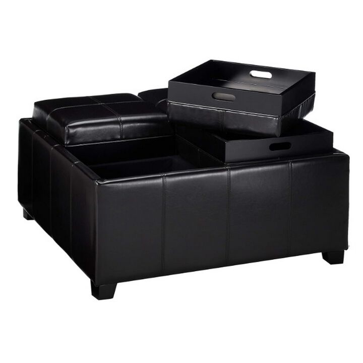 Storage Ottoman, Tufted Chocolate Brown Faux Leather, 35 Inch Square - Benzara