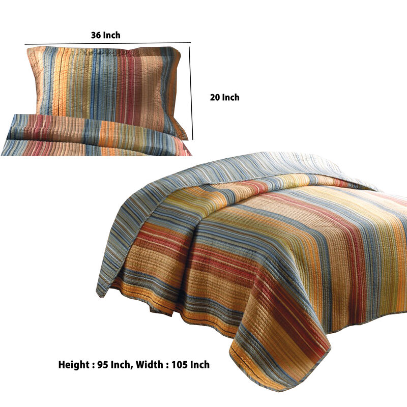 Huascaran 3 Piece Fabric King Size Quilt Set with Channel Stitching, Multicolor - Benzara