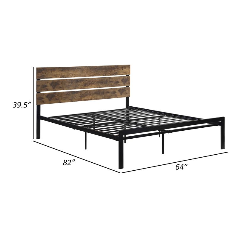 Mars Queen Platform Bed, Brown Faux Wood Slat Headboard, Black Metal Frame - Benzara