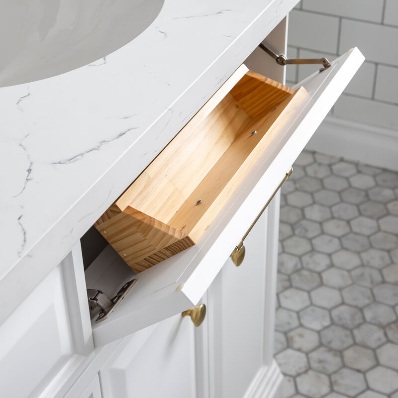 Palace 72 In. Double Sink Carrara Quartz Countertop Bath Vanity in Pure White with Satin Gold Hardware