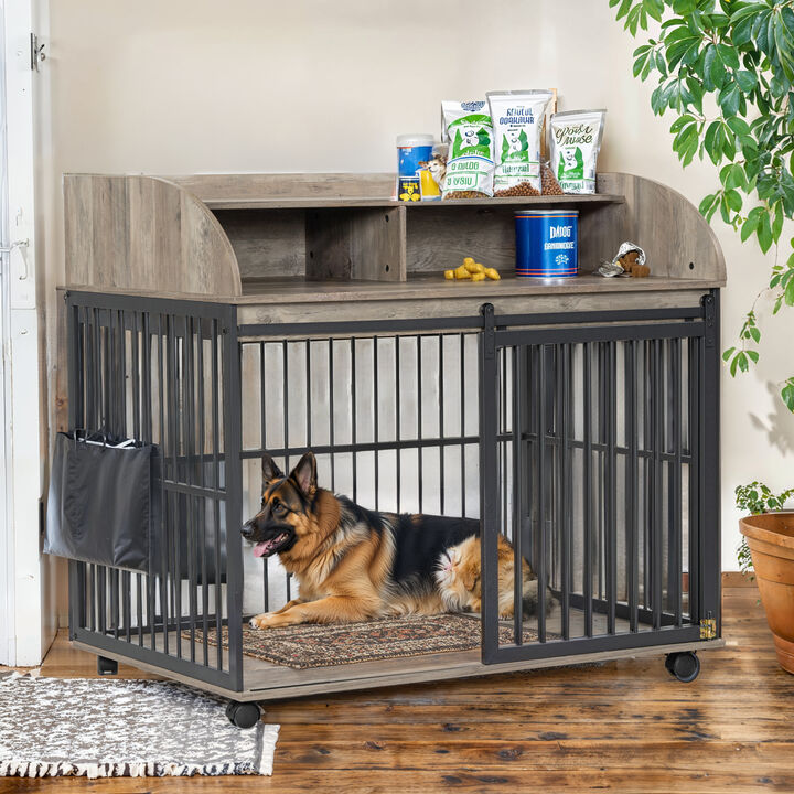 Large Dog Crate Furniture with Lockable Wheels, Wooden Dog Kennel, and Double Storage Layers