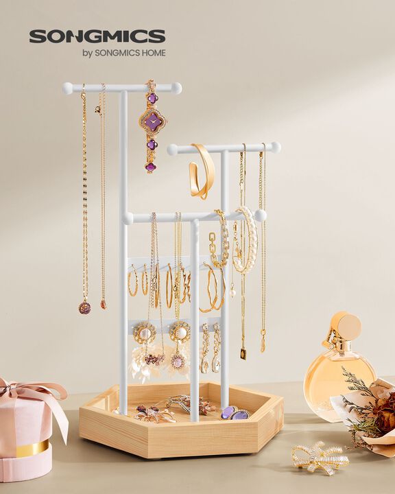 Jewelry Tree Display Stand - Metal and Wood Holder for Necklaces, Bracelets, Earrings, and Rings