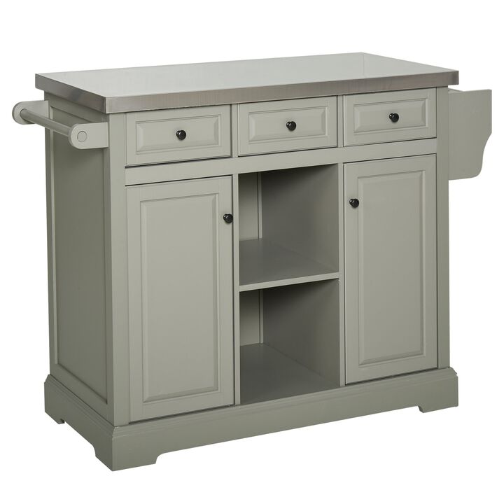 Gray Mobile Kitchen: Island Cart with Stainless Top and Multi-Storage