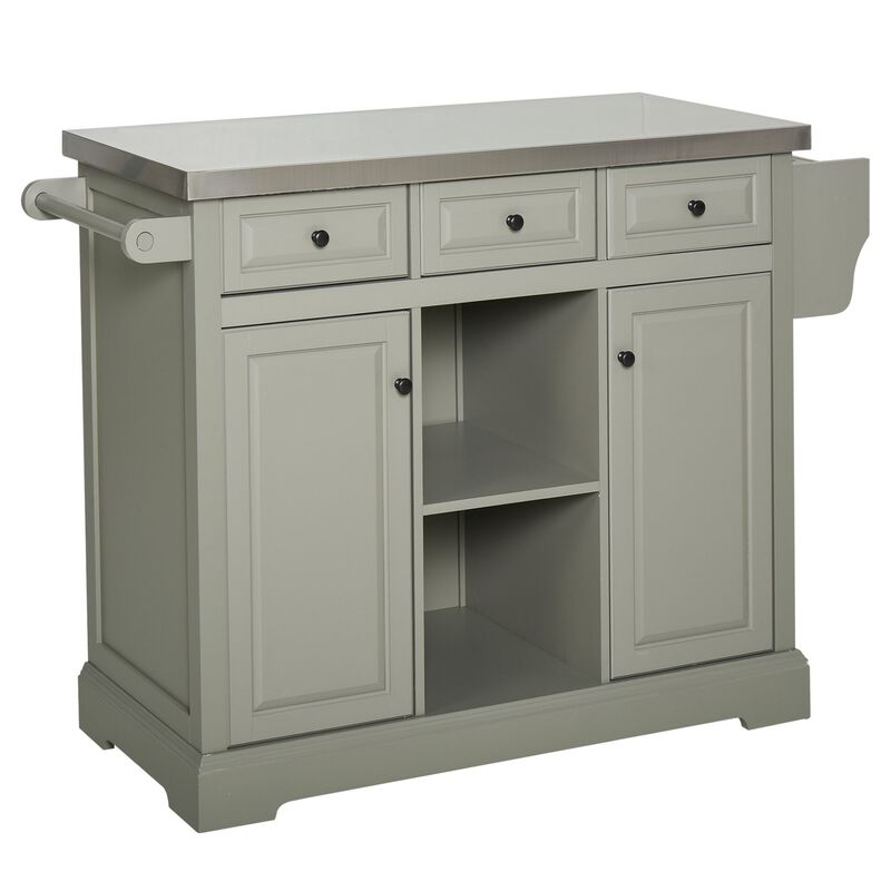 Gray Mobile Kitchen: Island Cart with Stainless Top and Multi-Storage