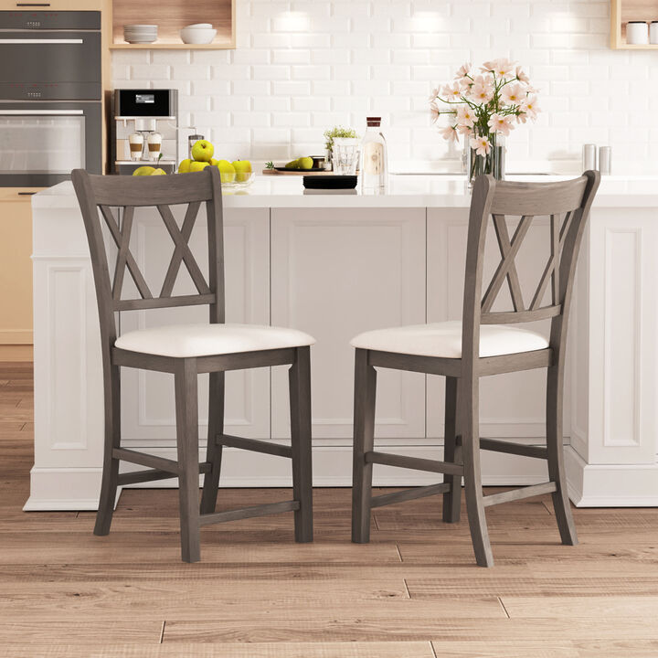 Set of 2 Bar Stools with Cross Back and Linen Fabric Upholstered Seat