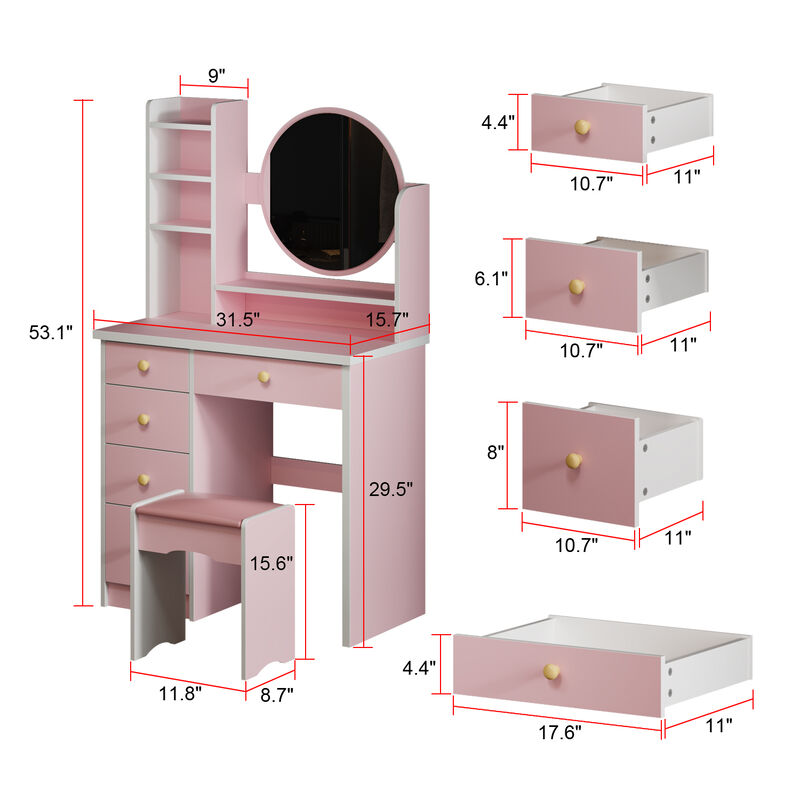 5-Drawers Pink Makeup Vanity Dressing Table Set with Stool, Mirror and Storage Shelves Girls Dressing Table