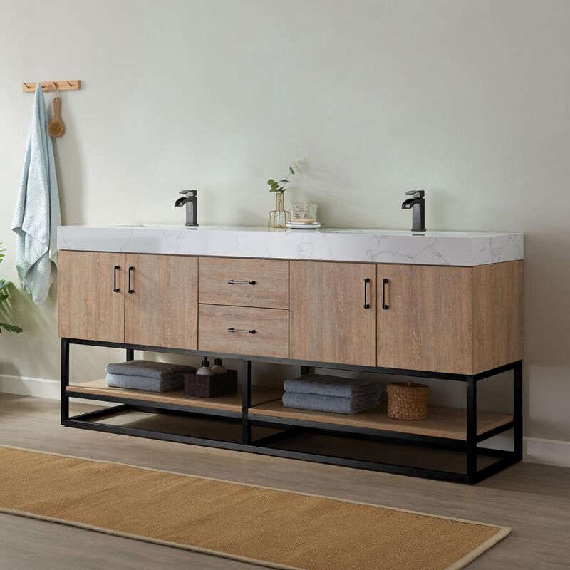 Vinnova Design 72B Double Vanity with White Grain Stone Countertop Without Mirror