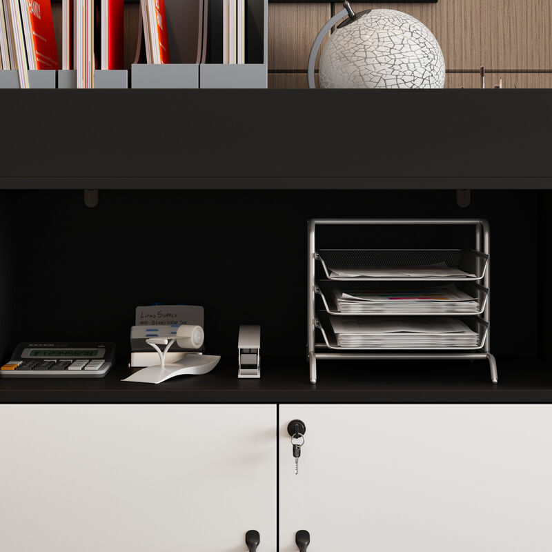 FUFU&GAGA Black & White Bookshelf with 2 Doors, 1 Open Shelf, and 1 Rack, Particle Board Construction with Laminate Finish (31.5" W x 35.4" H x 15.7" D),White