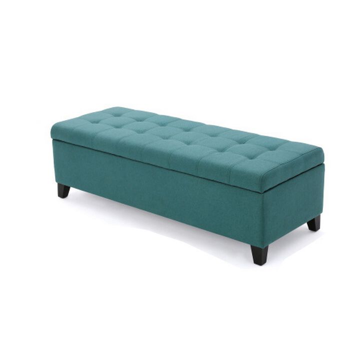 Nira Storage Ottoman Bench, Button Tufted Teal Blue Fabric, 51 Inch -Benzara