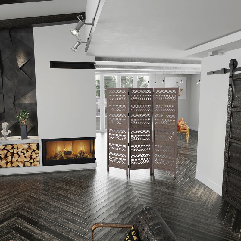 Karma 3 Panel Folding Room Divider Screen, Antique Gray Mango Wood, Inticate Cut out Geometric Design