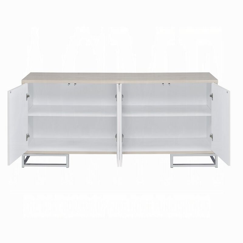 Sideboard Console Cabinet, 4 Door, 65 Inch Blue Marble Paint, White - Benzara