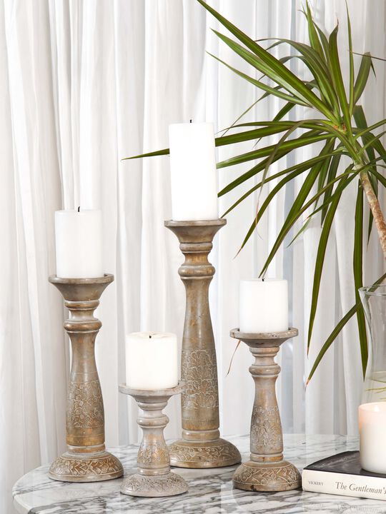 Traditional Gray Wash Eco-friendly Handmade Mango Wood Set Of Four 6",9",12" & 15" Pillar Candle Holder BBH