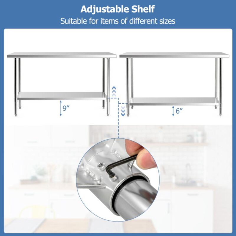 Hivvago 24 x 60 Inches Stainless Steel Kitchen Prep Work Table with Adjustable Undershelf