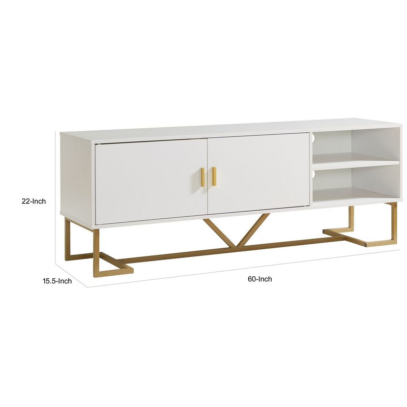 Bery 60 Inch TV Media Entertainment Console, 2 Door Cabinet, White, Gold - Benzara