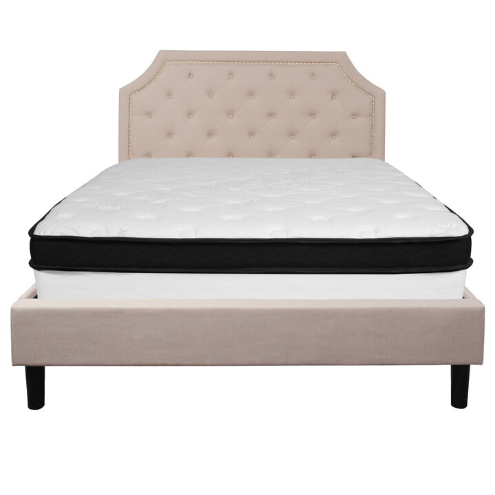 Brighton Queen Size Tufted Upholstered Platform Bed in Beige Fabric with Memory Foam Mattress