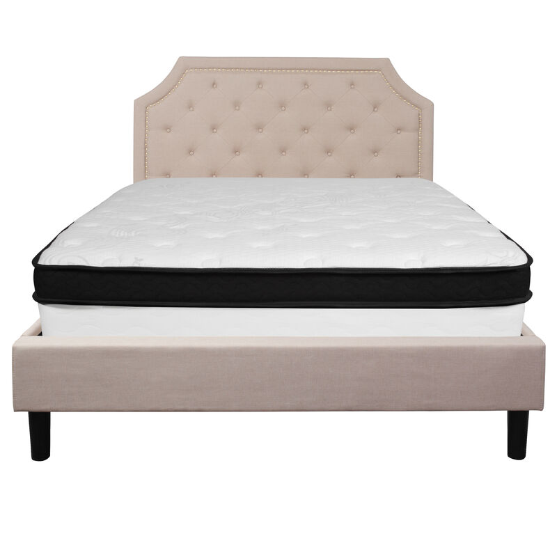 Brighton Queen Size Tufted Upholstered Platform Bed in Beige Fabric with Memory Foam Mattress