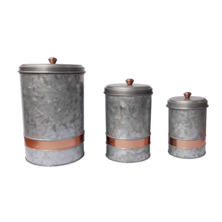 Benzara AMC0014 Galvanized Metal Lidded Canister With Copper Band, Set of Three, Gray - Benzara