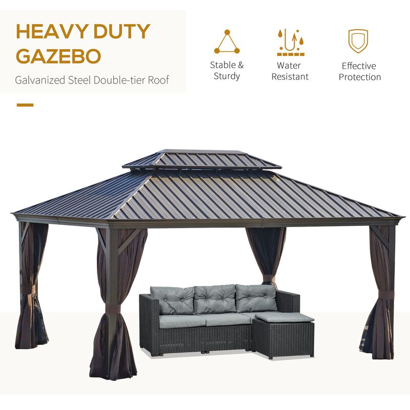 Brown Garden Pavilion: 16'x12' Hardtop Gazebo with Netting & Curtains