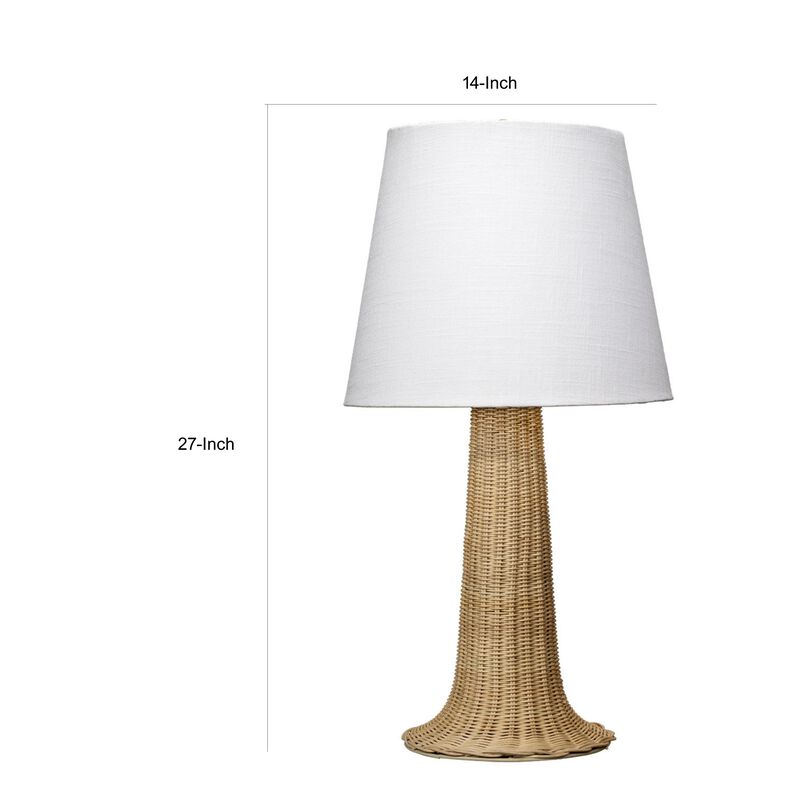 27 Inch Table Lamp, Tree Trunk Base, Tapered Shade, White, Natural Brown  - Benzara