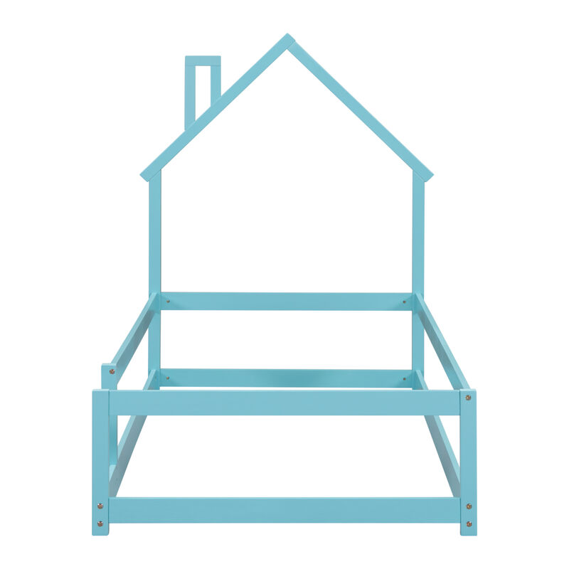 Twin Size Wood Bed With House-Shaped Headboard Floor Bed With Fences, Light Blue