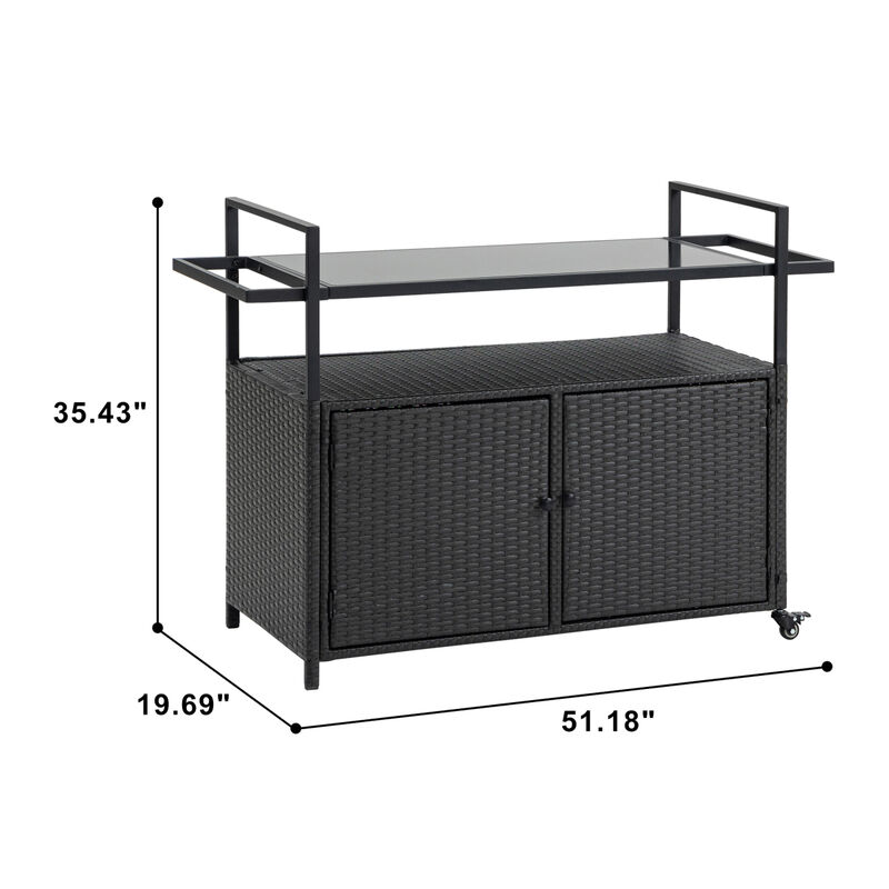 Outdoor Wicker Bar Cart with Glass Top