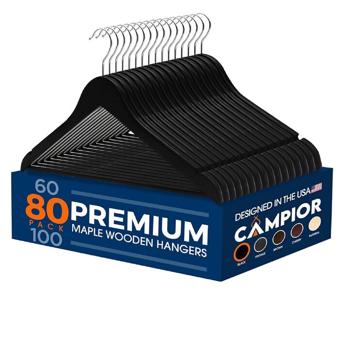 Wooden Clothes Hangers - 80 Pack, Durable, Non-Slip, Space-Saving Hangers for Dresses, Coats, and More, Holds Up to 10 lbs with 360° Swivel Hook, Black Finish