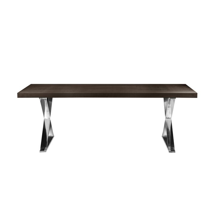 Rix 87 Inch Dining Table, Espresso Brown Wood Top, X Chrome Steel Legs - Benzara