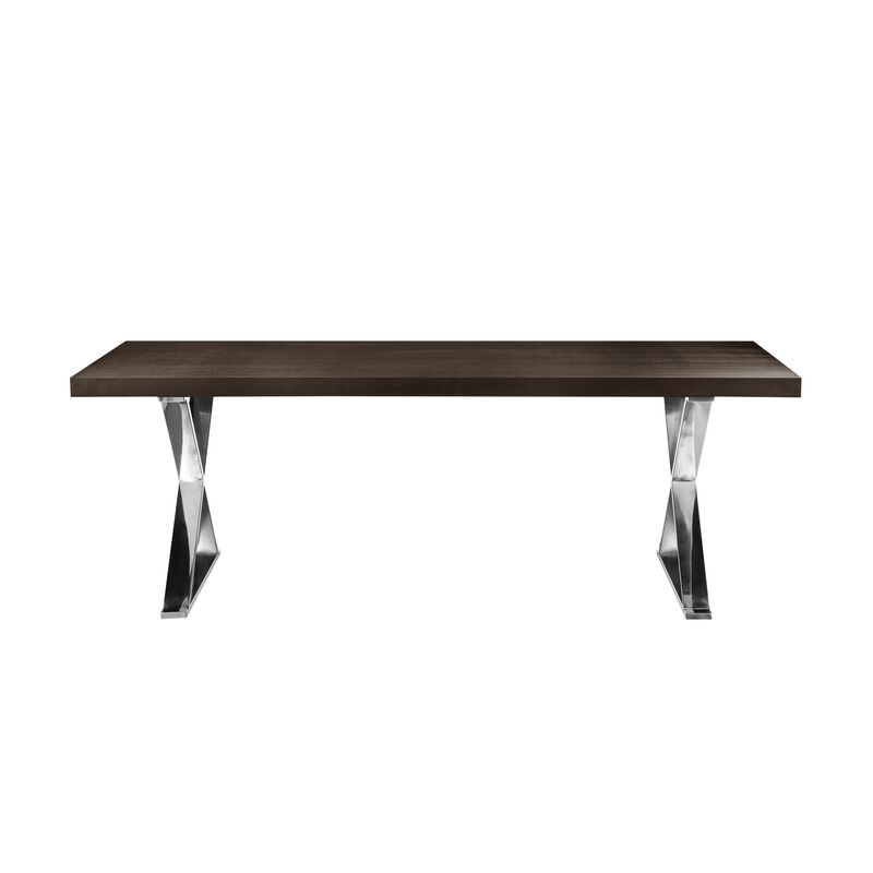Rix 87 Inch Dining Table, Espresso Brown Wood Top, X Chrome Steel Legs - Benzara