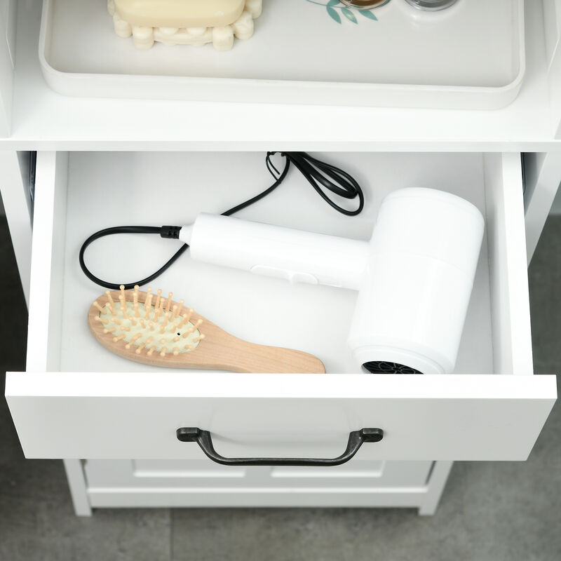 kleankin Bathroom Storage Cabinet Linen Tower with Open Shelf Drawer White