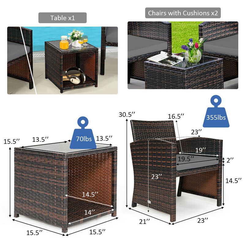 3 Pieces PE Rattan Wicker Furniture Set with Cushion Sofa Coffee Table for Garden