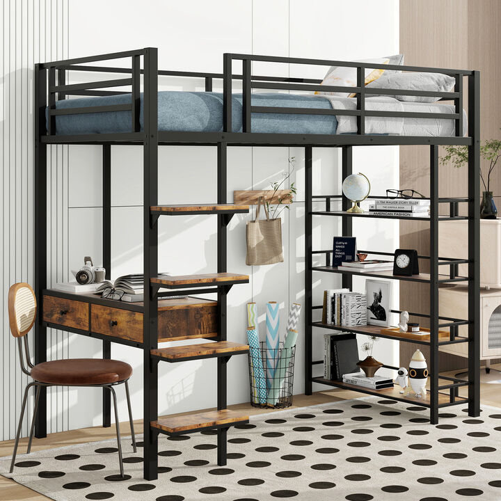 Merax Metal Loft Bed with Desk and Shelves