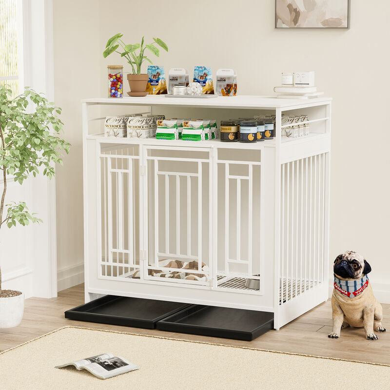 Wooden Dog Cage Furniture for Large Dogs with Divider, Double Doors, and Storage Shelf