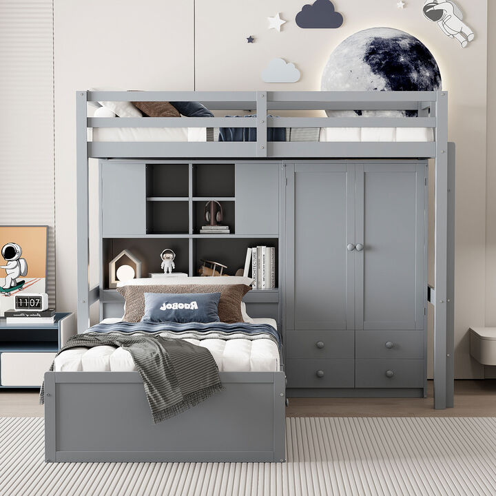 Merax Twin Bunk Bed with Wardrobe and Hydraulic Bed