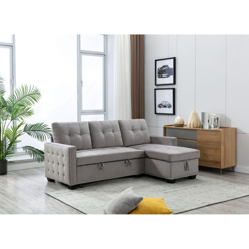 Reversible Storage Sleeper Sofa, L-Shaped Chaise With Velvet Fabric