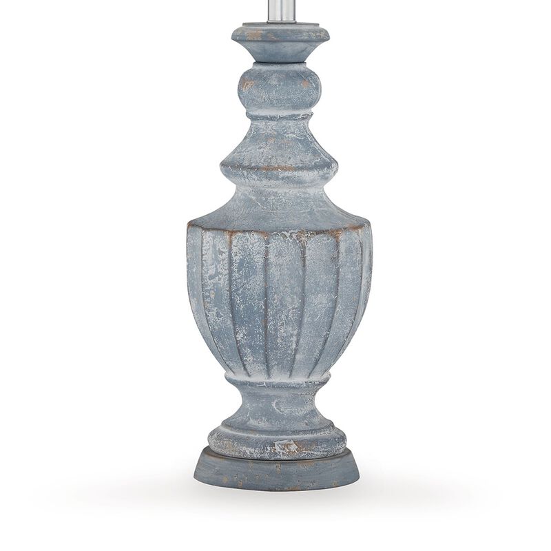 Rick 32 Inch Table Lamp, White Empire Fabric Shade, Turned Blue Terracotta - Benzara