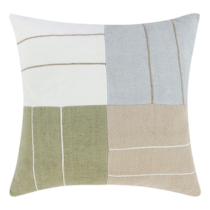 Throw Pillow, Square 22 Inch Jute Embroidery, White Blue Beige Green - Benzara