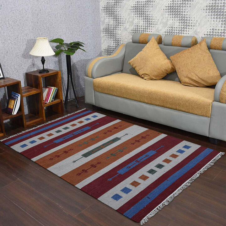 RUGSOTIC CARPETS HAND WOVEN FLAT WEAVE KILIM WOOL ECO-FRIENDLY AREA RUGS  - 4'x6', Rectangle Shape, Multicolor Color, Contemporary Modern Design, Low Pile Handmade Rugs for Living Room (D00145)