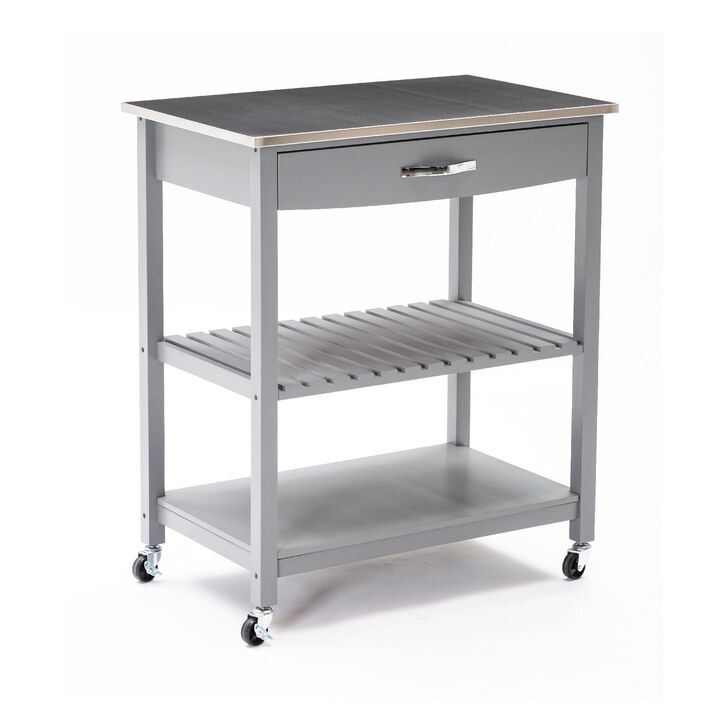 38 Inch 2 Tier Kitchen Cart Island, Shelf, Steel Top, Lock Casters, Gray - Benzara