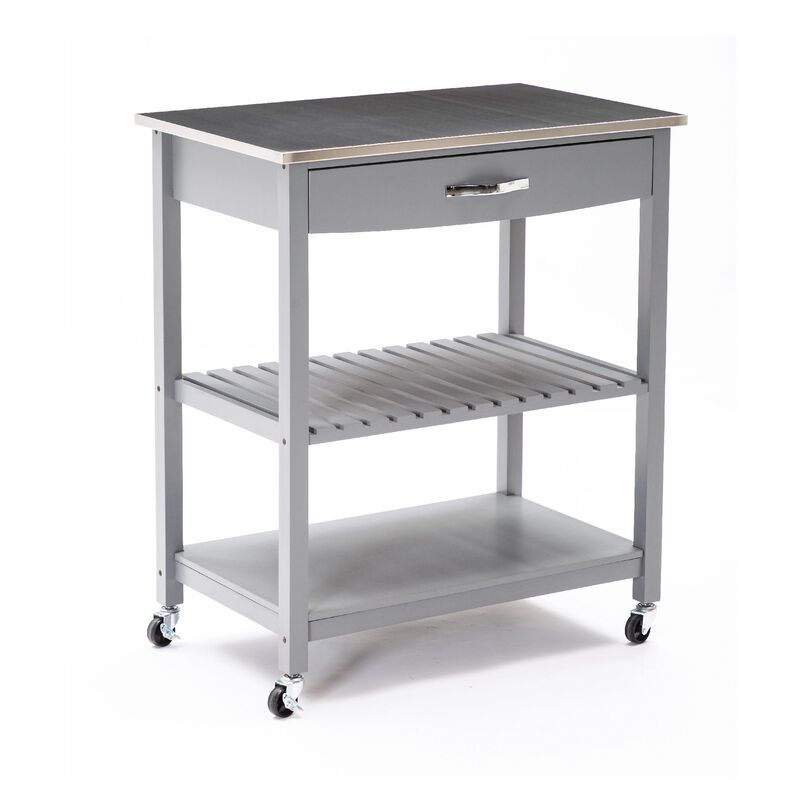 38 Inch 2 Tier Kitchen Cart Island, Shelf, Steel Top, Lock Casters, Gray - Benzara