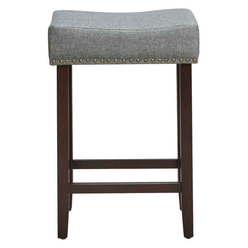 2 Pieces Nailhead Saddle Bar Stools with Fabric Seat and Wood Legs