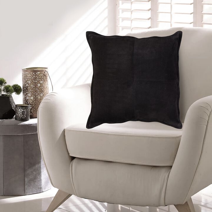 Throw Pillow Set of 4, 20 Inch, Black Patchwork Faux Leather, Straight Edge -
