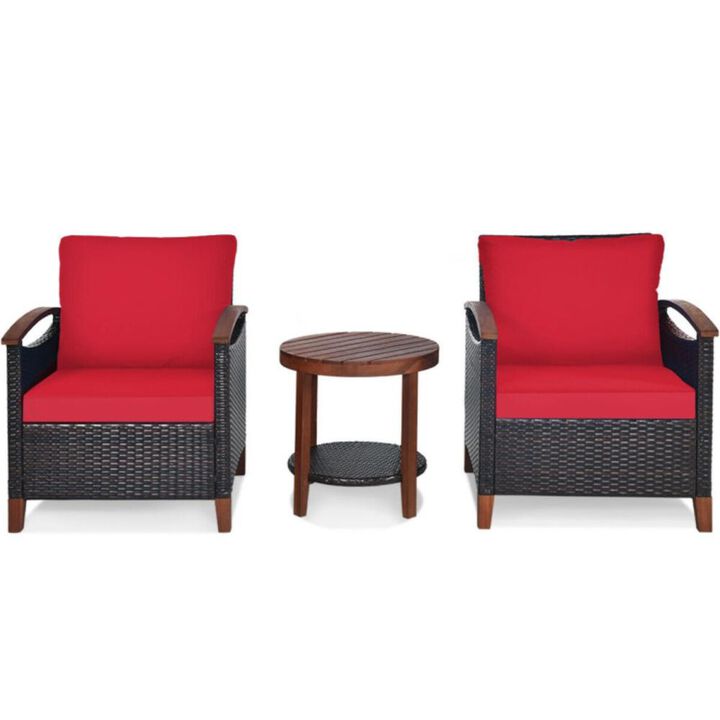 Hivvago 3 Pieces Patio Wicker Furniture Set with Washable Cushion and Acacia Wood Tabletop