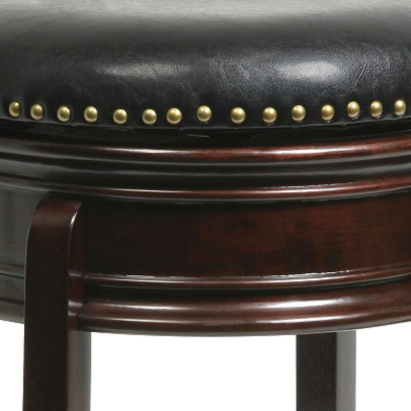 Sabi 24 inch Swivel Counter Stool, Solid Wood, Faux Leather, Cappuccino, Brown - Benzara