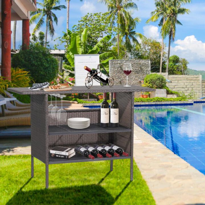 Hivvago Outdoor Wicker Bar Table with 2 Metal Mesh Shelves