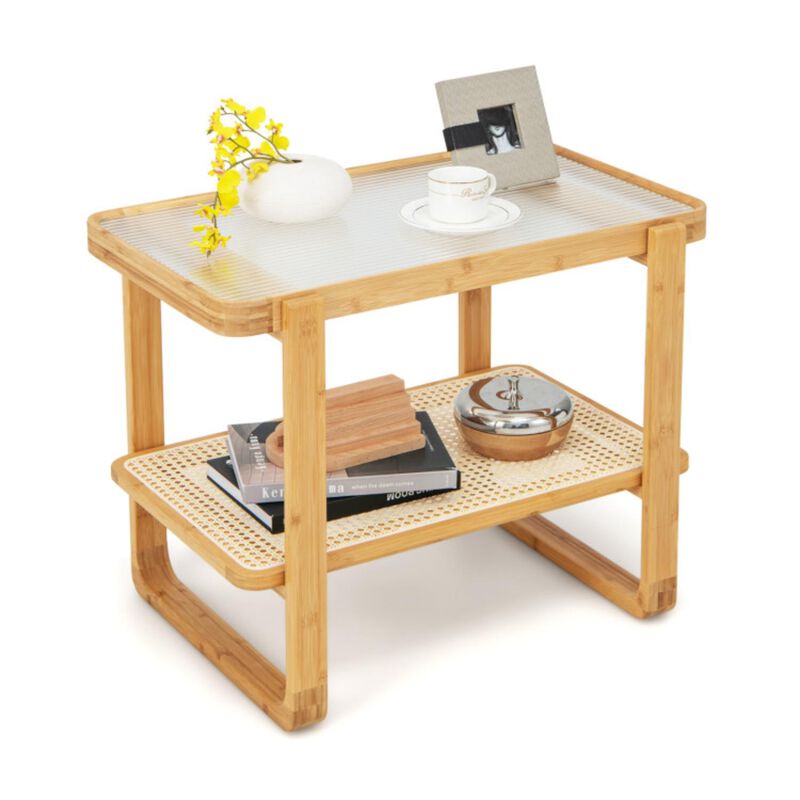 Hivvago 2-tier Bamboo Side Table with Glass Top-Natural