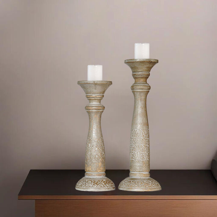 Traditional Gray Wash Eco-friendly Handmade Mango Wood Set Of Two 12" & 15" Pillar Candle Holder BBH Homes